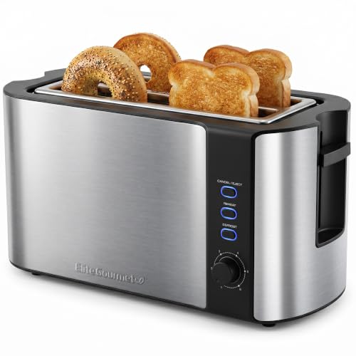 Elite Gourmet 4-Slice Toaster with Extra-Wide Long Slots, 6 Browning Levels - Black & Stainless Steel
