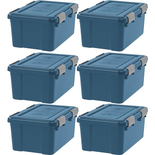 Navy 19 Qt Storage Bins with Gasket Lids - 6 Pack, Weatherproof & BPA-Free