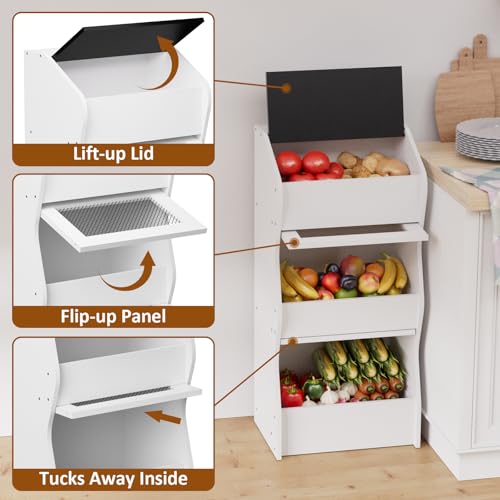 White Potato and Onion Storage Bin with 3-Tier Rustic Kitchen Organizer