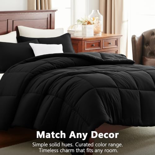 CozyLux Queen Comforter Set Black 3-Piece Box-Stitched Microfiber Bedding