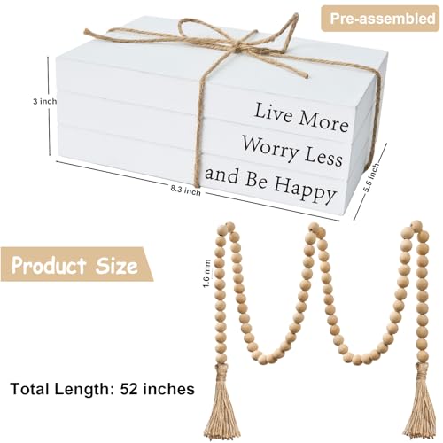 Decorative Books for Home Decor, White Faux Books for Decoration, Rustic Farmhouse Stacked Display Books with 52in Wood Bead Garland for Coffee Tables Living Room, (Happy)
