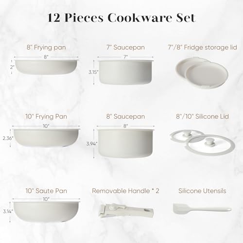 DUMOS 12pcs Pots and Pans Set - Nonstick Cookware Sets with Detachable Handle - Kitchenware for Your Home Cooking Needs, Beige