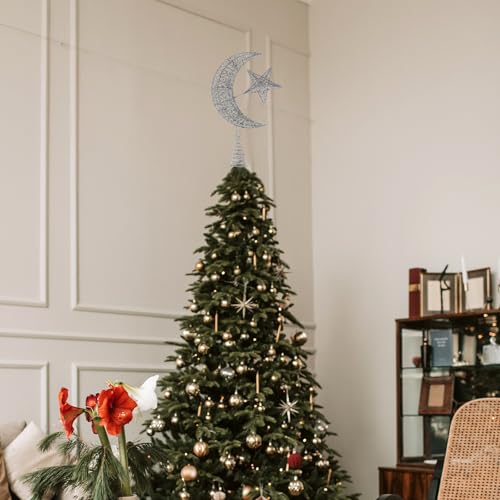 Angoily Glitter Star and Moon Christmas Tree Topper - Silver, 30cm