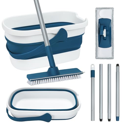 Foldable Mop and Bucket Set with Microfiber Flat Mop and Scrub Brush, Space-Saving Floor Cleaning Kit