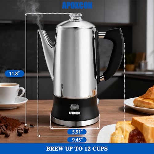 Electric Coffee Percolator 12 Cups Stainless Steel Glass Top Keep Warm Cordless