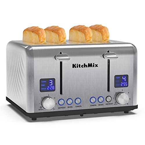 KITCHMIX 4 Slice Stainless Steel Toaster with LCD Timer & Wide Slots - Dual Control & Bagel Function