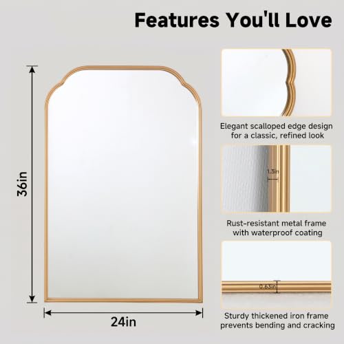 Gold Bathroom Scalloped Mirror - 36x24 Inch Rust-Proof Metal Frame - Wall or Vanity Decor