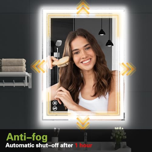 WUENLux 24x36'' LED Bathroom Mirror Anti-Fog Dimmable with 3 Color Lights & Memory