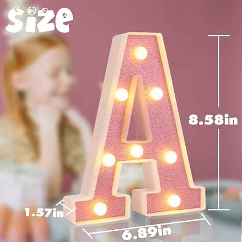 Small Led Marquee Letters, Light Up Letters, 8.58 Inch Led Letter Lights, Battery Powered Lighted Sign for Table, Party, Birthday, Christmas Decor (Pink Glitter, Letter A)