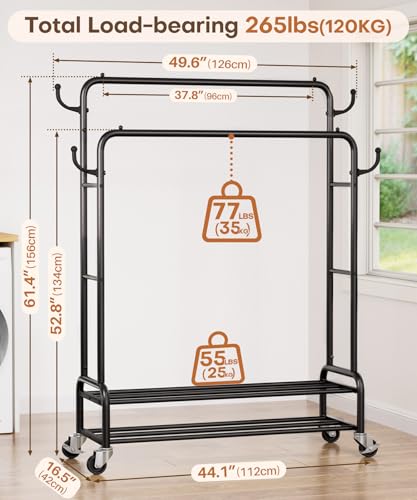 Heavy Duty Garment Rack with 44-Inch Double Rod, Black - 265 lbs Capacity