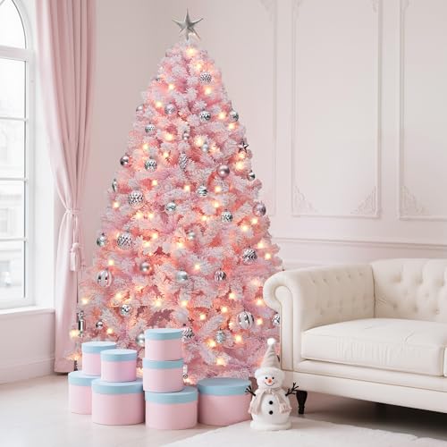 YITAHOME 7.5ft Pink Flocked Christmas Tree with Warm White Lights & 1346 Tips - Prelit Holiday Decor