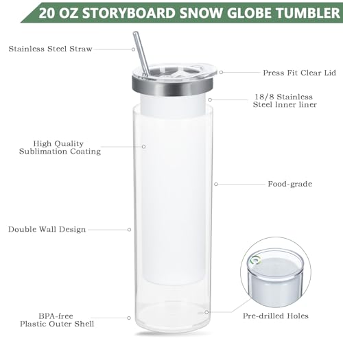 Temolulu 20 Oz Double Wall Sublimation Snow Globe Tumbler 8 Pack - Insulated DIY Glitter Cups