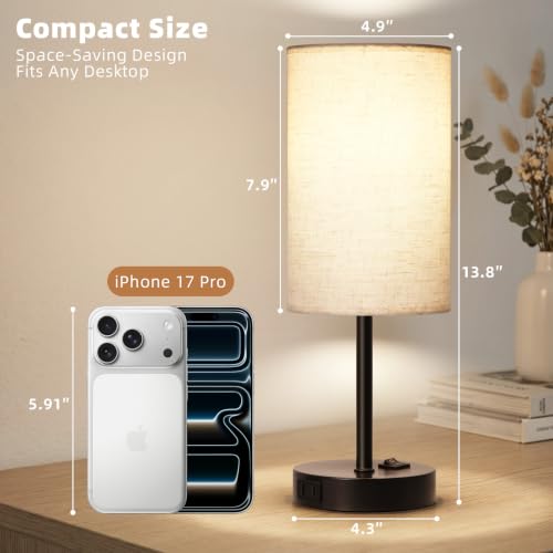 ZJOJO Set of 2 Bedside Table Lamps with Flaxen Fabric Shade & Black Base, 13.8 Inch Nightstand Lamps for Bedroom
