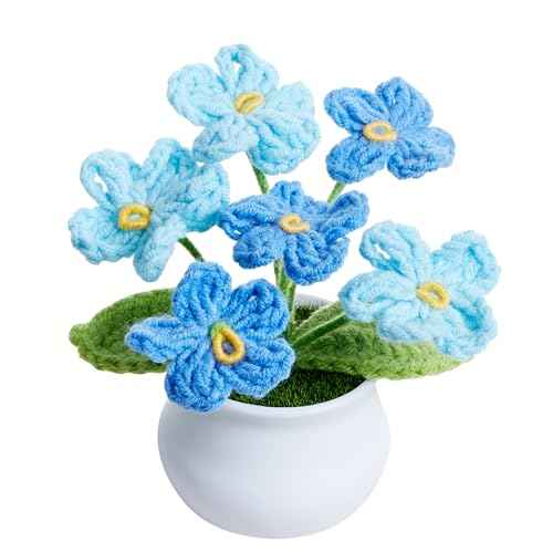 Crochet Flowers Cute Handmade Knitted Potted Gradient Blue Forget Me Not Flower Gifts for Women Coworkers Teacher Birthday Anniversary Christmas Decor for Home Room Office Desk Accessories