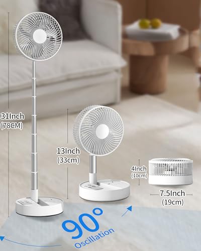 Large Portable Oscillating Floor Fan with 4 Speeds & 8H Timer - Rechargeable, Foldable, 31"