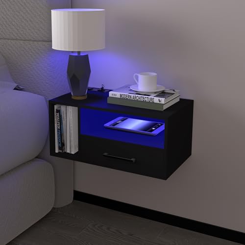Homaterial Floating Nightstand with Charging Station & Lights, Black