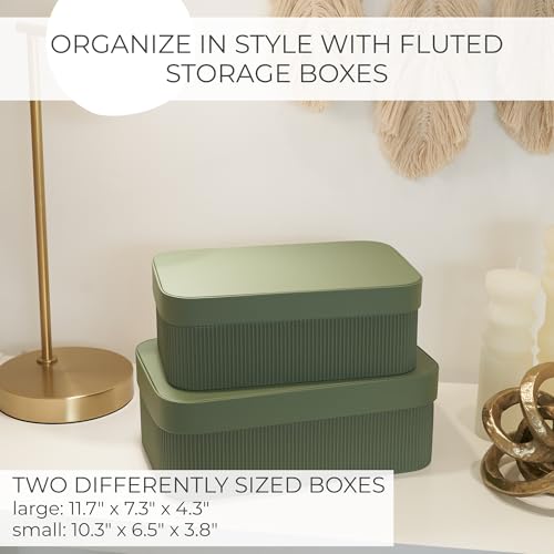 Sage Decorative Storage Boxes with Lids - Set of 2 Fluted Photo Organizer Bins