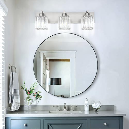 Aipsun Brushed Nickel 3-Light Crystal Vanity Light Fixture - 23 Inch Modern Bathroom Wall Sconce (Exclude Bulb)