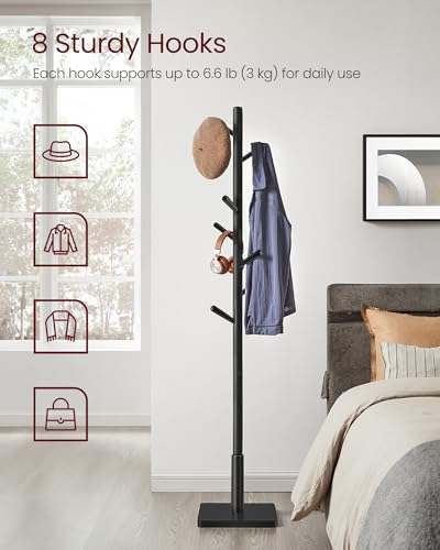 VASAGLE Black Square Base Coat Rack with 8 Hooks, 3 Height Adjustable, Freestanding Wooden Stand
