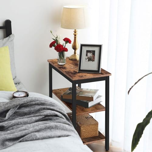 End Table with 3-Tier Storage Shelf - Rustic Brown & Black Narrow Nightstand, Small Space Side Table