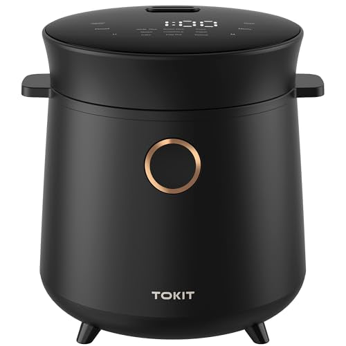 Black TOKIT Mini Rice Cooker 3-Cup Capacity with 9 Presets, Portable Kitchen Appliance