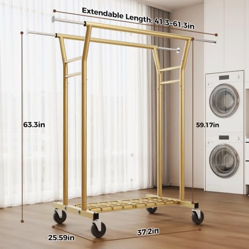 HYSEYY Gold Heavy Duty Rolling Clothes Rack with Shelves - Supports 700LBS