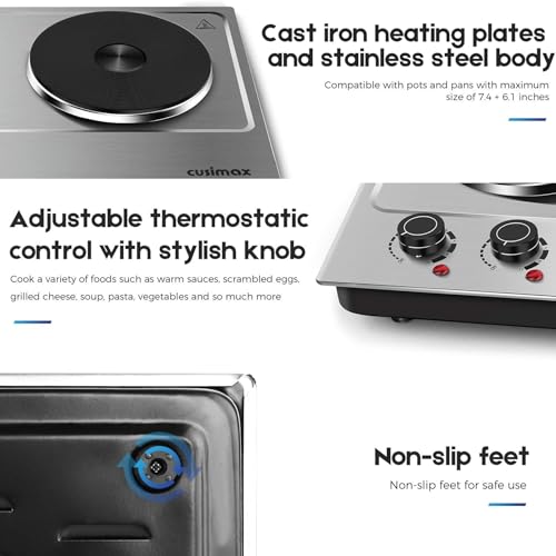 CUSIMAX 1800W Double Hot Plate, Stainless Steel Silver Countertop