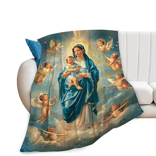 Virgin Mary Blanket for Girls Woman Our Lady of Guadalupe Throw Blanket Christian Stuff Decor Merch Cozy Flannel Soft Warm Plush Lightweight Bedding Religious Gifts for Boy Man Sofa Bedding 50"X40"