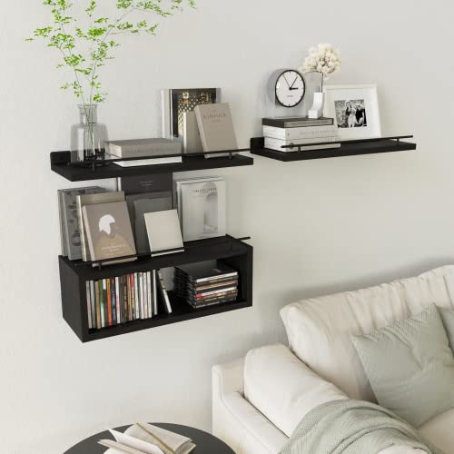 WOPITUES Black Floating Wall Shelves with Cube Shelf and Metal Rail - Over Toilet Bathroom Storage 15.7 inch