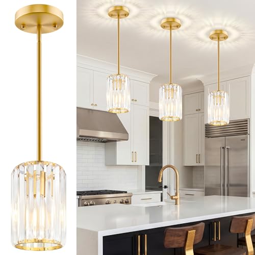 Esfos Gold Pendant Lights 3 Pack - Modern Crystal Kitchen Island Pendant with Adjustable Height, UL Certified, E26 Base