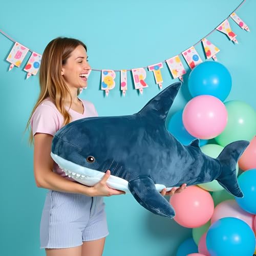 Blue 47.2 Inch XXL Shark Plush Body Pillow for Kids & Adults - Giant Soft Stuffed Animal Decor & Stress Relief Gift