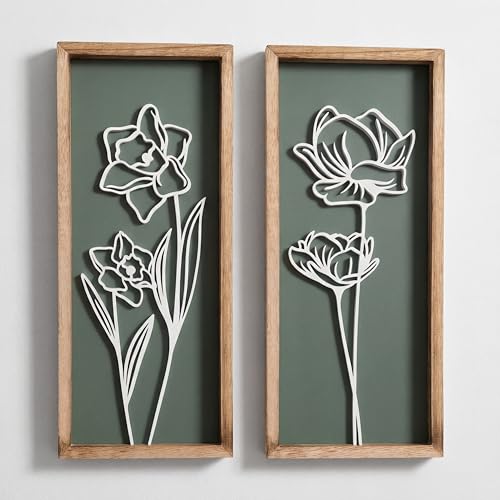 7x16 Green 3D Floral Wall Art Set of 2 | Botanical Wooden Decor for Living Room & Bedroom
