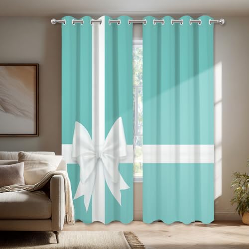 Shrahala 2-Pack White Turquoise Blackout Curtains 52x84 in Grommet Top Thermal Room Darkening
