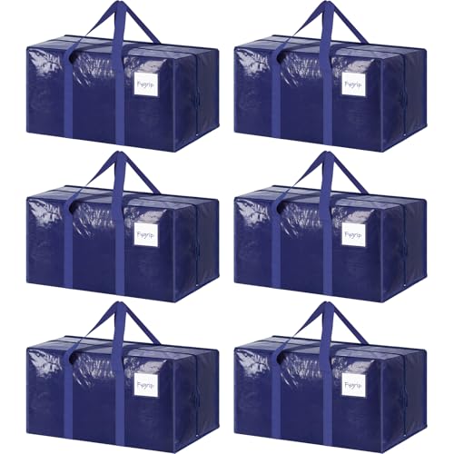 Dark Blue 6 Pack Heavy Duty Moving Bags with Strong Zipper & Handles - Large Storage Totes
