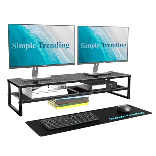 Dual Monitor Stand Riser with 32x10 Inch Mouse Pad, Black - Ergonomic & Sturdy