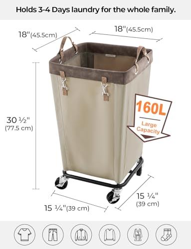 Laundry Basket with Wheels - 160L Rolling Hamper for Clothing - Light Khaki