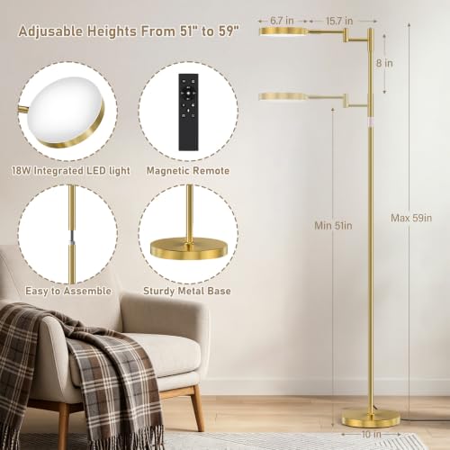 Antique Brass Gold LED Floor Lamp with Remote, Adjustable Height & Dimmable Light