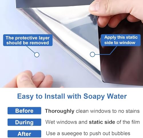 Black Silver One Way Window Privacy Film 47.2x157.4 Inch Sun Heat Blocking Reflective Mirror Static Cling
