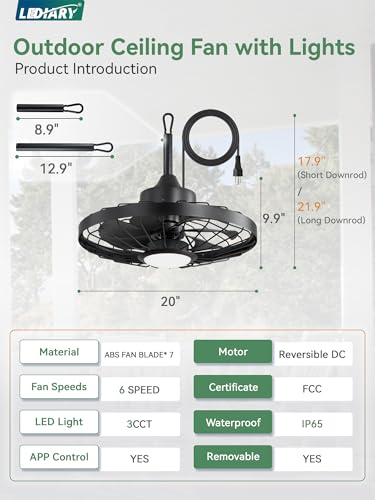Outdoor 20-Inch Waterproof Ceiling Fan with Lights - Black, Remote, Dimmable LED