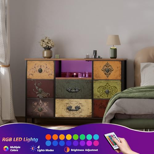 VASICAR Wide TV Stand for 55-Inch TV with LED Lights & Pattern, Dresser with Power Outlets