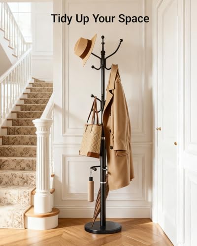Heavy Duty Metal Coat Rack with Marble Base & 16 Hooks - Freestanding Umbrella Stand