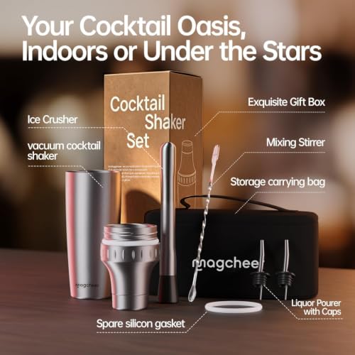 Magcheer Silver Hybrid Cocktail Shaker Set - Vacuum Insulated 30oz with Strainer & Jigger - Travel Bartender Kit