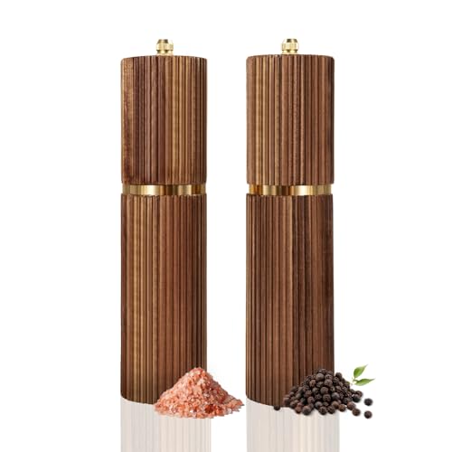 2 Pack Acacia Wood Salt and Pepper Grinder Set - Adjustable Ceramic Core, Gold Accents