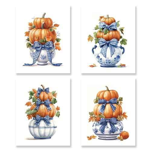 KSDUT Chinoiserie Pumpkin Wall Art Decor Set of 4 - Autumn Fall Coquette Artwork Poster Blue Flower Bows Wall Decor for Grandmillennial Home Bedroom Decorations - 8"x10" Unframed