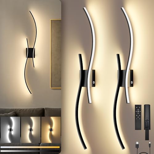 Battery Operated Wall Sconces Set of 2 - 31.5 Inch Black, Cordless, Dimmable, Remote Control