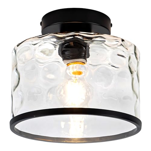 Zlepmlla Glass Ceiling Light - Black Hammered Glass Shade, Farmhouse Semi Flush Mount with Variation Black Wave