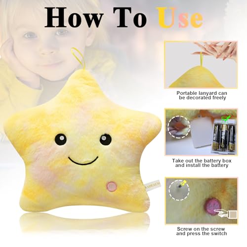 Glow Stuffed Animal Night Light Up Star Pillow for Kids Pillows Decorative Toy Boys Girls Plushies Children Christmas Birthday Gifts, LED Lighted Star Plush Pillows Bed Room Home Pink Yellow