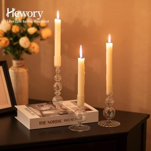 Hewory Clear Glass Candlestick Holders Set of 3 - Elegant Taper Candle Holders