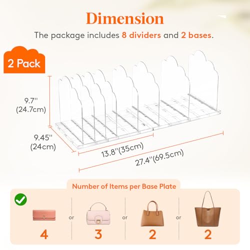 Purse Organizer for Closet - Clear Handbag Shelf Dividers, 9.7" Tall, Includes 2 Bases & 8 Dividers - Suitable for Handbags & Totes (Variation 2 / 9.7"H)