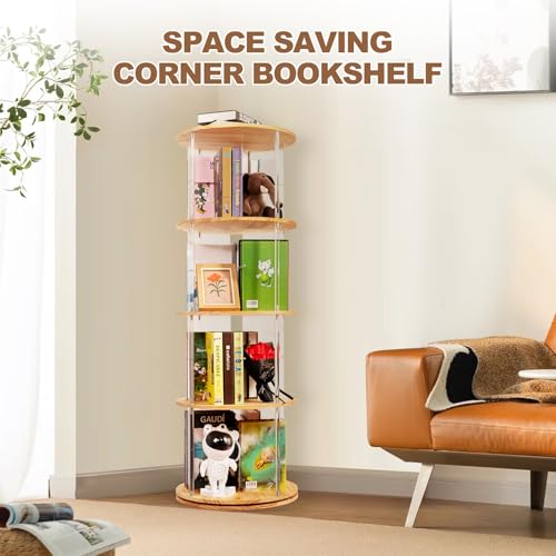 TAKEKIT 4-Tier Natural Round Rotating Bookshelf with Clear Acrylic, 360° Spinning Tower